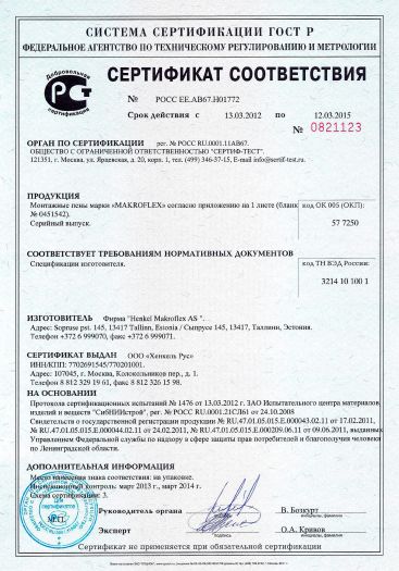 Сертификат соответствия на пена монтажная профессиональная makroflex